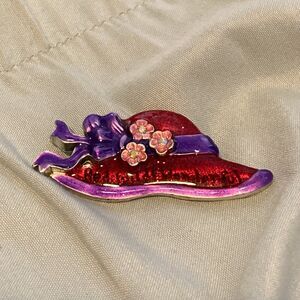 AJMC Vintage Enamel Red Hat Pin Brooch Signed 2”